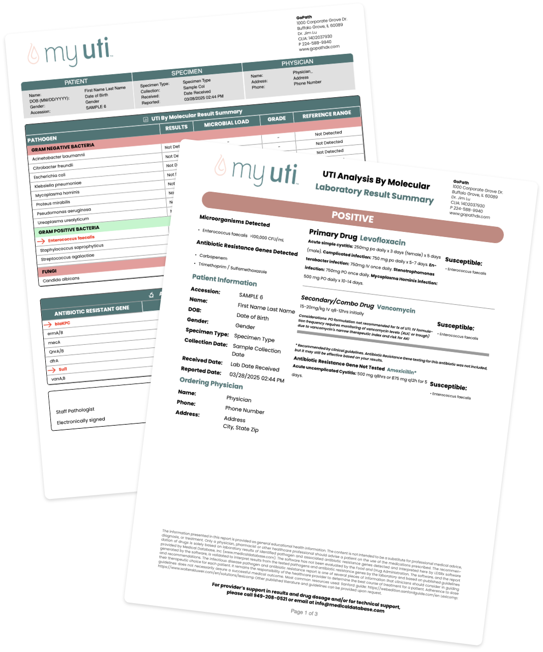 Sample reports from UTI test